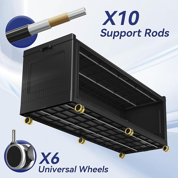 200GAL Extra Large Stackable Storage Bins with Lid, 800QT Plastic Closet Organizer and Storage Cabinet with Wheels and Doors, Folding Storage Box Container for Home Organization, 4Pack Black