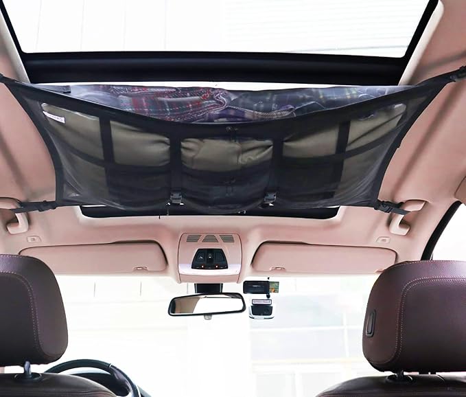 Car Ceiling Cargo Net Pocket, 31"x20" Double-Layer Mesh Car Roof Storage Organizer Strengthen Load-Bearing and Reduce Sagging Cargo Net Truck SUV Long Road Trip Camping Interior Accessories