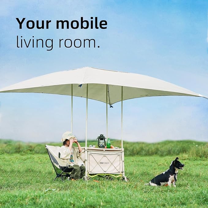 ONEFOREST Collapsible Wagon Cart with Canopy Tent, Portable Large Capacity Foldable Wagon Cart, Heavy Duty Garden Cart with Wheels for Camping Sports Beach Backyard and Picnics, Beige