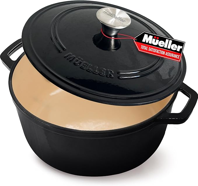 MÜELLERHOME 7.5 QT Enameled Cast Iron Dutch Oven, Heavy-Duty, Oven-Safe up to 500° F & Across All Cooktops, Casserole Dish and Braiser Pan with Lid and Stainless Knob, Black