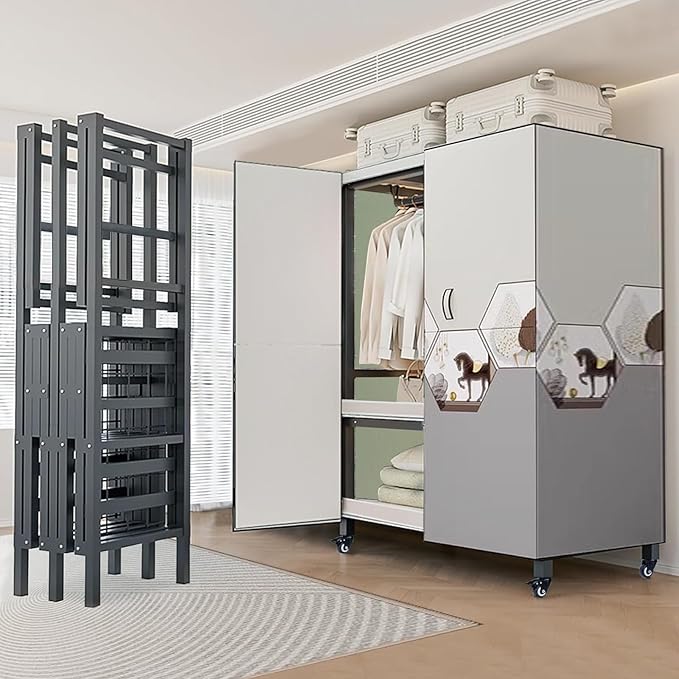 FPIGSHS Heavy Duty Clothes Rack with Magnetic Door 2000LBS Foldable Portable Wardrobe Closet for Hanging Clothing Rolling Garment Rack on Wheels for Bedroom Closet System (C(Pattern Door, 41.3in)