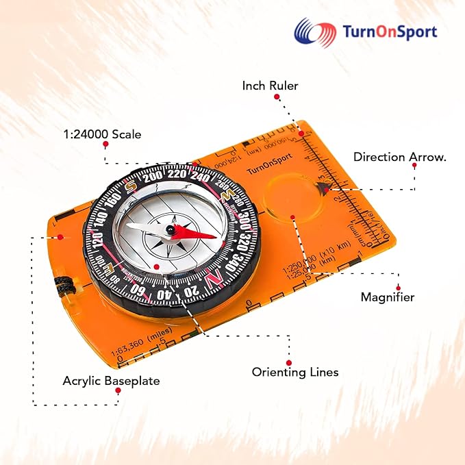 TurnOnSport Orienteering Compass - Advanced Scout Compass for Hiking, Camping, and Backpacking - Best Survival Gifts for Kids