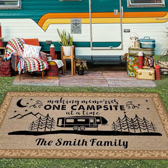 Custom Camping Rugs Making Memories One Campsite at a Time RV Trailer Decor Camper Floor Mat for Outdoors, Patio, Backyard, Picnic, Beach, Camping, 70 x 108 Inch, 20 RV Optional