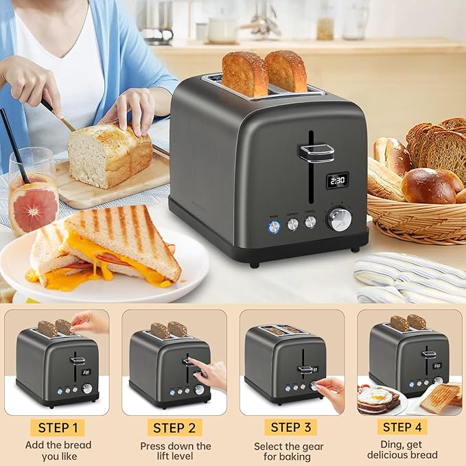 SEEDEEM Toaster 2 Slice, LCD Display, 7 Shade Settings, 1.4'' Wide Slots, Stainless Steel Digital Toaster for Bagel, Defrost, Reheat, Removable Crumb Tray, 900W, Grey