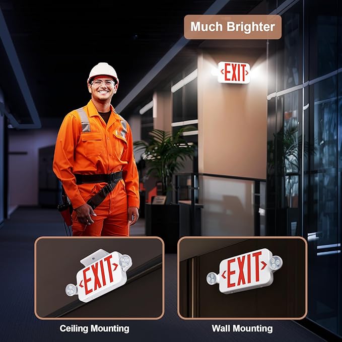 Emergency Sign Combo with Battery Backup, Double Sided Hardwired 6 LED Exit Sign, Adjustable Head Red Emergency Exit Light - Ceiling/Wall Mount, UL Listed, AC 120/277V (1 Pack)