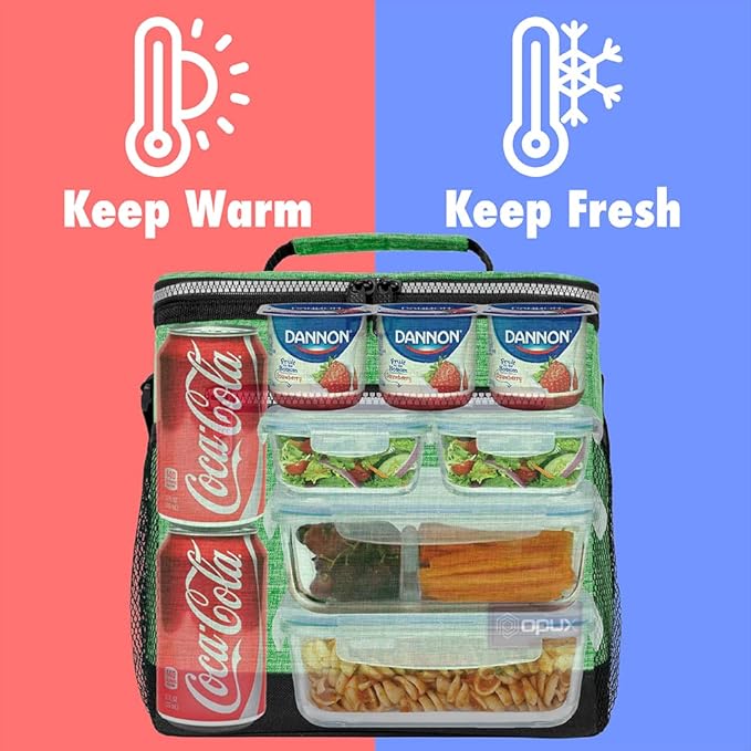 opux Extra Large Insulated Lunch Box Men Women, Lunch Bag for Work, Leakproof Soft Cooler Tote Adult, Lunch Pail, Picnic Beach Collapsible Food Bag with Shoulder Strap, Heather Green