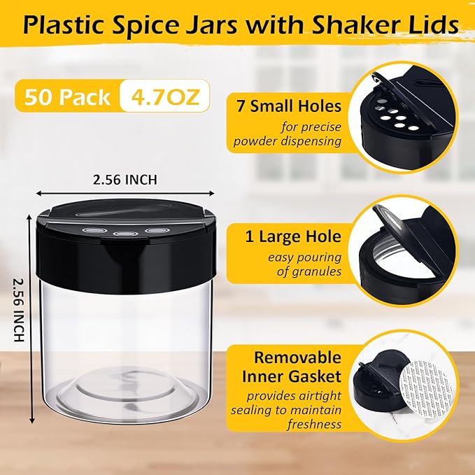 50 Pack 4.7 oz Plastic Spice Jars with Black Cap Empty Clear Plastic Spice Bottle Containers Reusable Seasoning Jars with Shaker Lids for Kitchen Storing and Dispensing Salt Powders