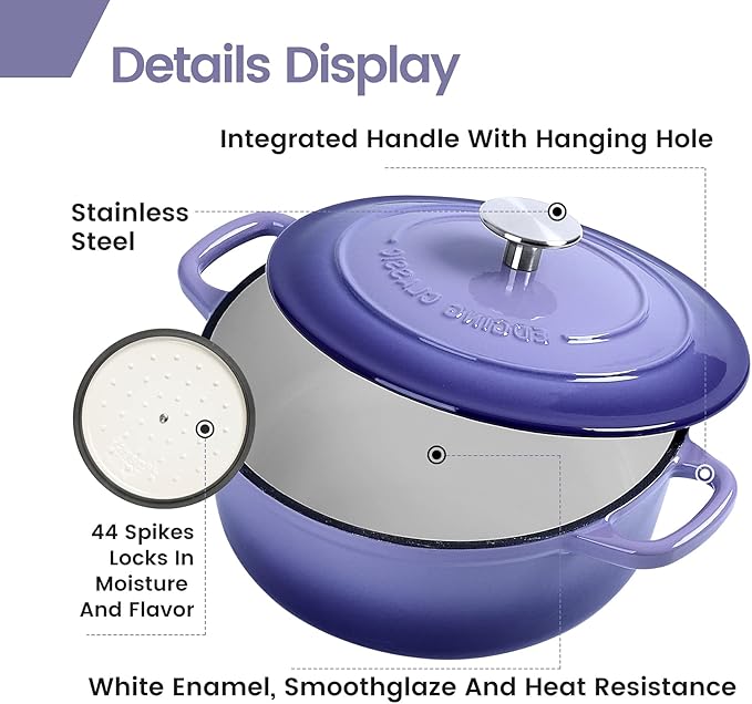 Enameled Cast Iron Covered Dutch Oven with Dual Handle, Dutch Ovens with Lid for Bread Baking, Safe to 500 degrees, 3.5 Quart, Purple
