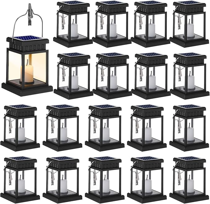Yexiya 18 Pcs Hanging Solar Lanterns Outdoor Garden Candle Lights Black Waterproof LED Solar Lanterns Lights for Garden Yard Deck