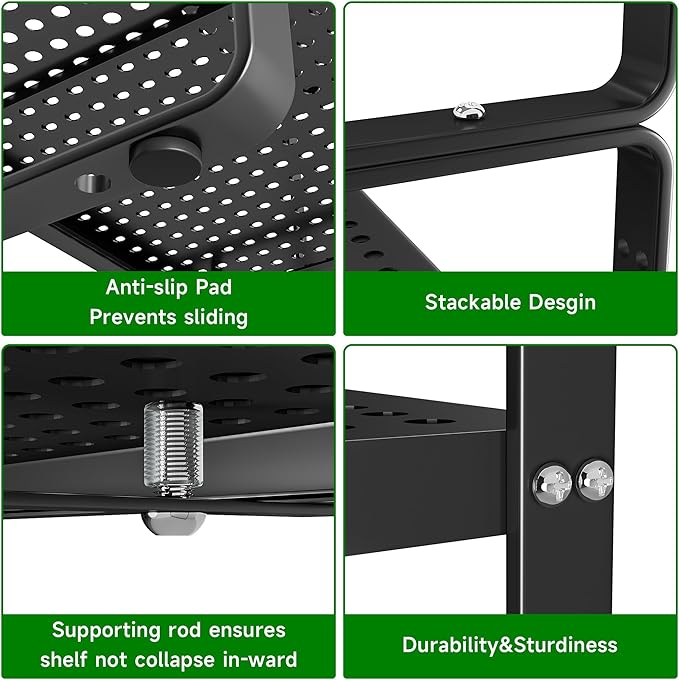 Expandable Kitchen Cabinet Shelf Organizer Rack Heavy Duty Metal Spice Rack Stackable Kitchen Counter Storage Shelf for Kitchen Cabinet Pantry Bathroom (Black - 16.5"-27" L x 8" W x 9.6" H - 2Pack)