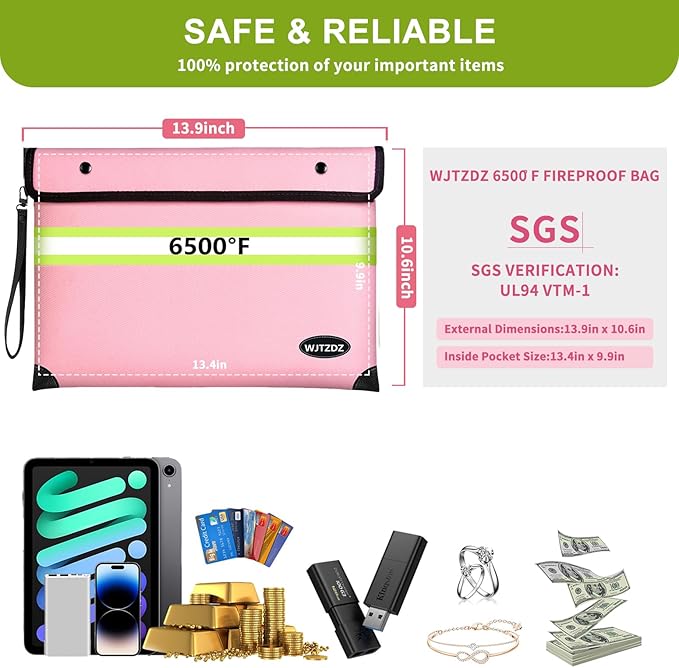 6500°F Fireproof Document Bag,Upgraded Fireproof/Waterproof Money Bag with Zipper/Reflective Strip,Storage Pouch for A4 Letter Size Document,Cash,Cell Phone,Passport