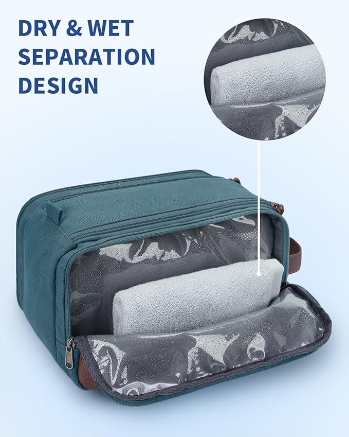 WANDF Toiletry Bag for Men Travel Toiletry Organizer Canvas and Leather Dopp Kit Water-Resistant Shaving Bag for Travel Accessories (Blue-Green, Large)