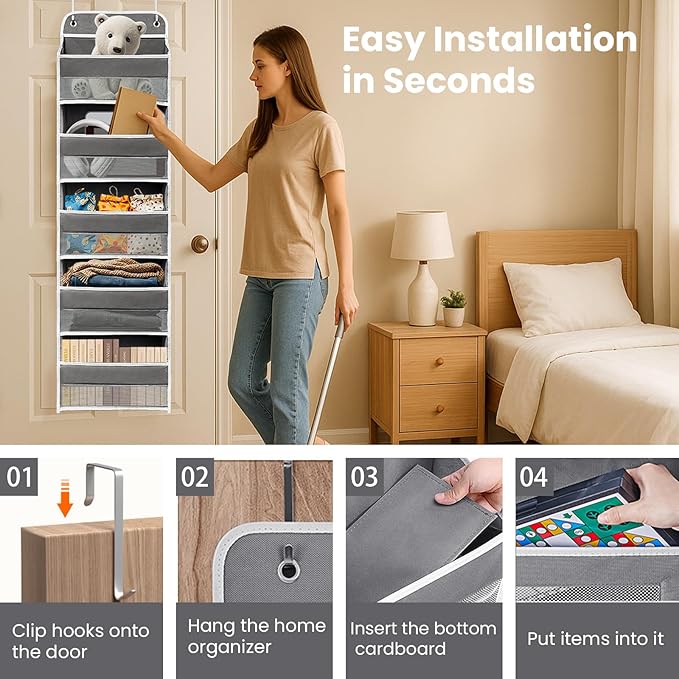 Over The Door Organizer with 8 Side Mesh Pockets, 44lb Weight Capacity Hanging Behind The Door Bathroom Organizers and Storage Suitable for Storing Toys, Shoes, Towels, Dark Grey, 5 Shelf