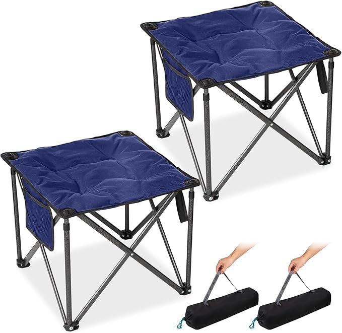 FUNDANGO Folding Camping Stool, 2 Pack 18.1 Inch Oversized Foot Rest 440 Lbs Heavy Duty Portable Padded Stools Seat Anti-Slip Foots & Carry Strap for Fishing Outdoor Lawn Travel (Blue)