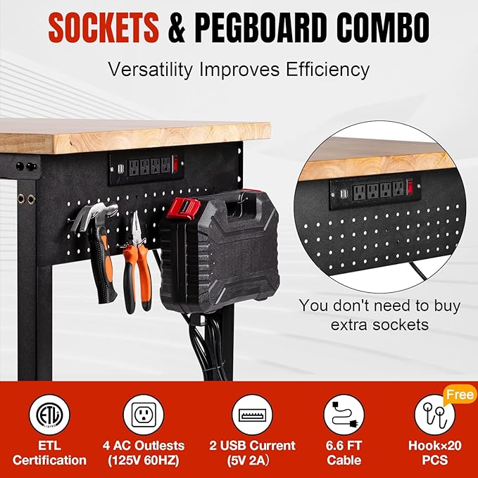 48" L×24”W Adjustable Workbench with Wheels, 28”-40”Height Heavy Duty Table 2000 LBS Load Capacity, Work Bench with Power Outlet & Pegboard, Rubber Wood Work Table for Garage, Office, Workshop