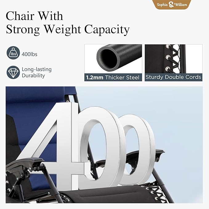 Sophia & William Oversized XL Zero Gravity Recliner Chair Set of 2 Padded, Folding Reclining Lounge Chair with Wide Armrest and Cup Holder, Support 400 LBS, Blue