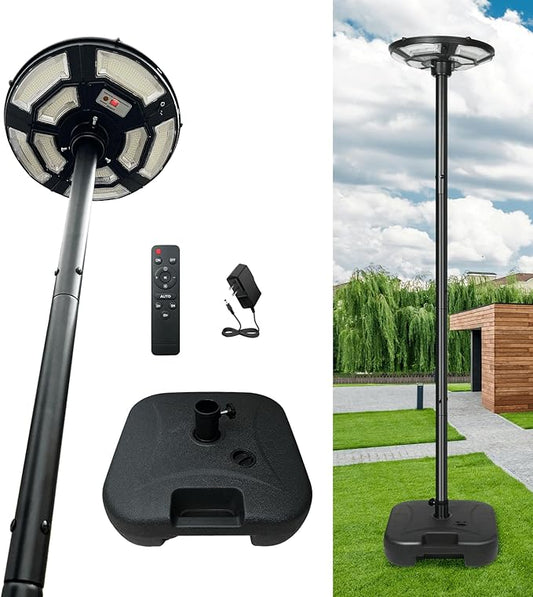 Solar Outdoor Street Light with Pole and Remote, Waterproof Motion Sensor 750-LED Removable Post Light with DC Port for Yard, Patio, Camping, Dusk to Dawn for Outdoor Lighting(Plug Inclues)
