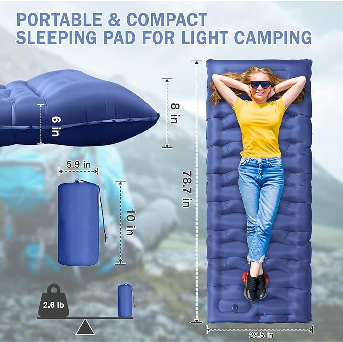 Sleeping Pad, 6" Extra Thick Camping Mat with Pillow Built-in Foot Pump, Ultra Comfortable Inflatable Sleeping Mat for Camping, Backpacking, Hiking, Camp Tent - Enjoy a Comfy Sleep