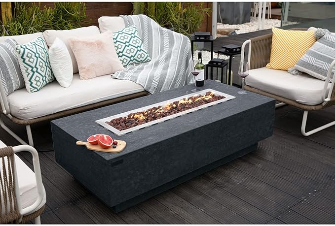 Elementi | Hampton Gas Fire Pit Cast Concrete 56" Rectangular Fire Table, Outdoor Fire Pit Electronic Ignition | Canvas Cover, Lava Rock Included | Dark Gray (Natural Gas)