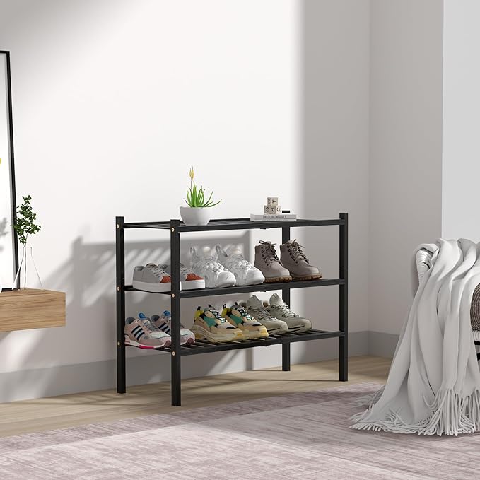 3 Tier Bamboo Shoe Rack for Closet Free Standing Wood Shoe Shelf Storage Organizer for Entryway Small Space Stackable 27"x11"x20" (Black)