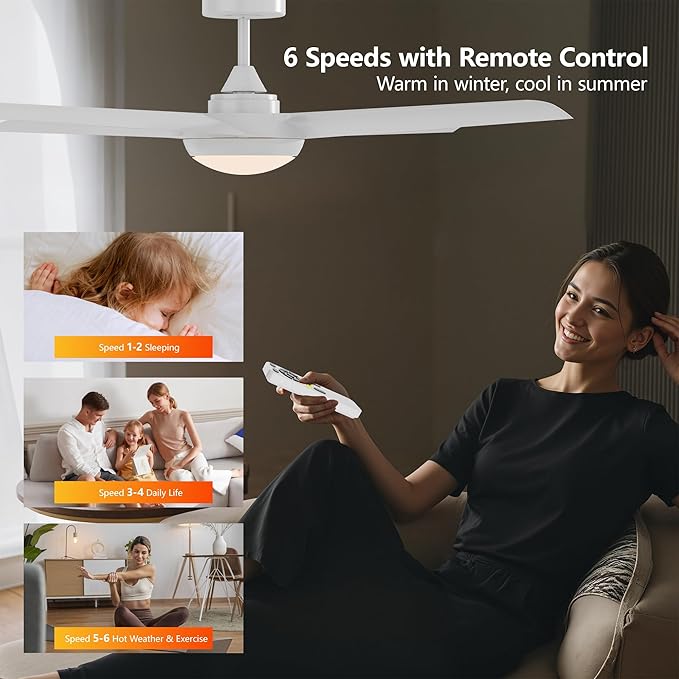 52 Inch Ceiling Fan with Light and Remote, 4 Blades, Quiet DC Motor, Reversible Fan with Dimmable LED Light, for Bedroom Living Room (White)