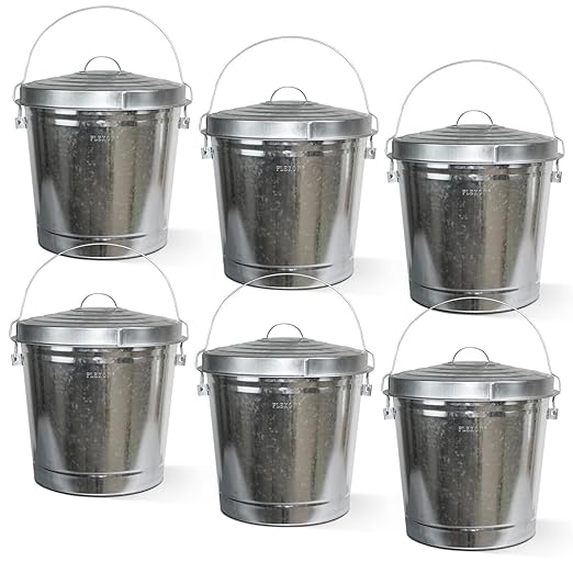 Plexon Metal Trash Can with Locking Lid Outdoor Storage Bucket for Bird Seed Ash Galvanized Steel 10-Gallon 6 Pack