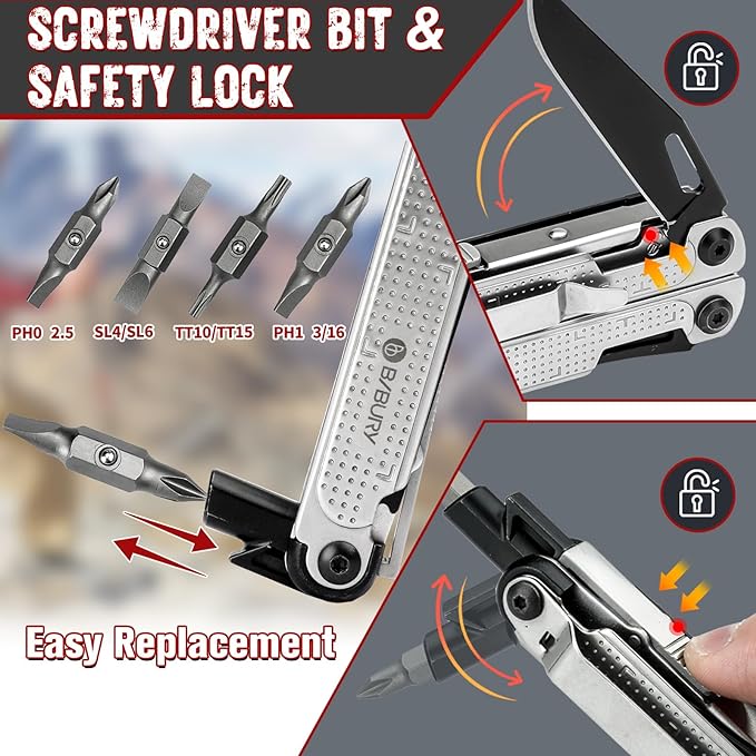 BIBURY Multitool Pliers BI2048B, Stainless Steel Multi Tool with Upgraded Rope Cutter and Screwdrive, Foldable Self-locking Multitools with Nylon Pouch, Ideal for Camping, Hiking, Survival, Repair