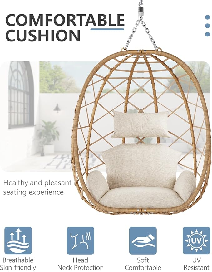 SWITTE Egg Swing Chair with Stand, Outdoor Patio Hanging Egg Chair, Indoor Hammock Chair with Cushion for Garden Backyard, 350LBS Capacity-Beige