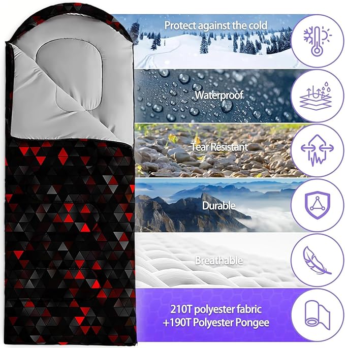 Sleeping Bags for Adults and Kids，3D Printing Camping Sleeping Bag for Girls Boys Lightweight Waterproof Cold/Warm 3-Season，Outdoor Travel with Compression Bags