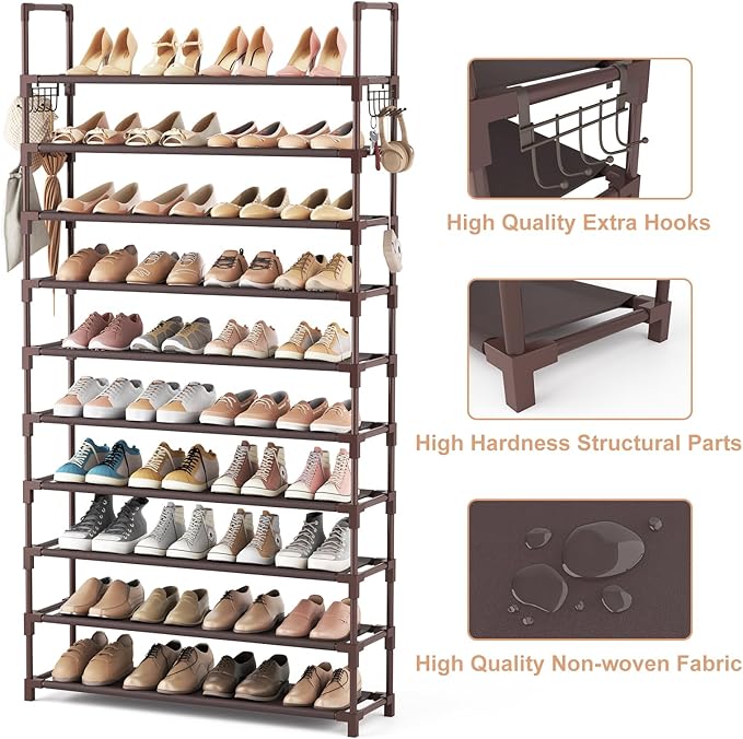 VTRIN 10 Tiers Shoe Rack Tall Large Capacity 50 Pairs Wide Shoe Organizer Sturdy Shoe Shelf for Entryway with Two Hooks Metal Shoe Storage for Closet, Bedroom, Brown