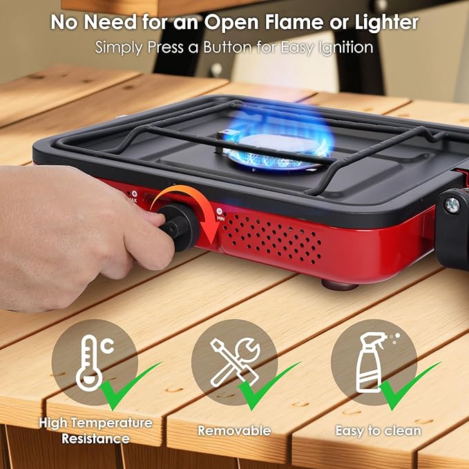 2 Burner Camping Stove with Carrying Bag, Foldable Propane Camp Stove with 17,200 BTU for Camping, Outdoor Cooking, Portable Gas Stove with Adjustable Burner for Tailgating, Backyard BBQ,Red