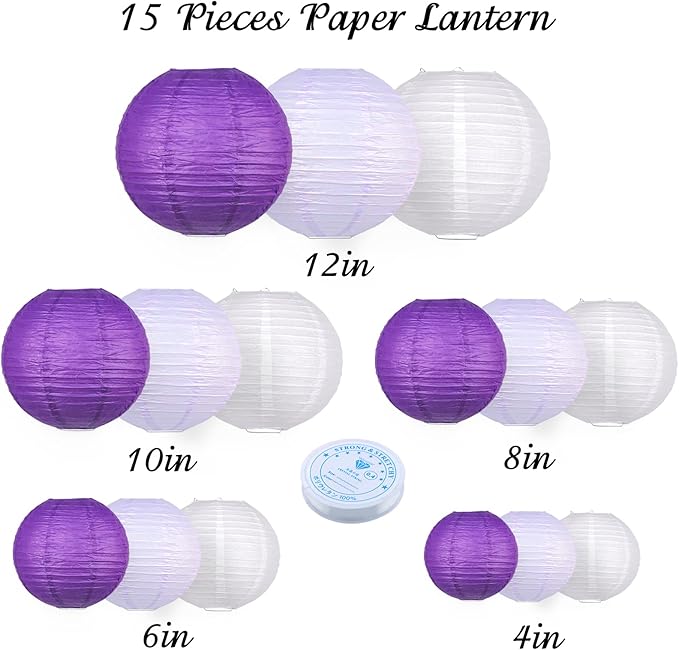 15pcs Paper Lanterns Lavender Purple White Round Hanging Chinese Paper Lanterns 4" 6" 8" 10" 12" for Bachelorette Engagement Wedding Baby Bridal Purple Birthday Decorations