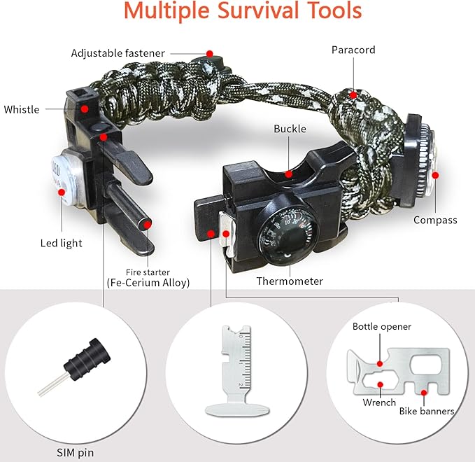 20 in 1 Survival Paracord Bracelet Adjustable Gear Kit with SOS LED Light, Fire Starter, Bigger Compass, Survival Whistle, Perfect for Camping, Hiking, Fishing