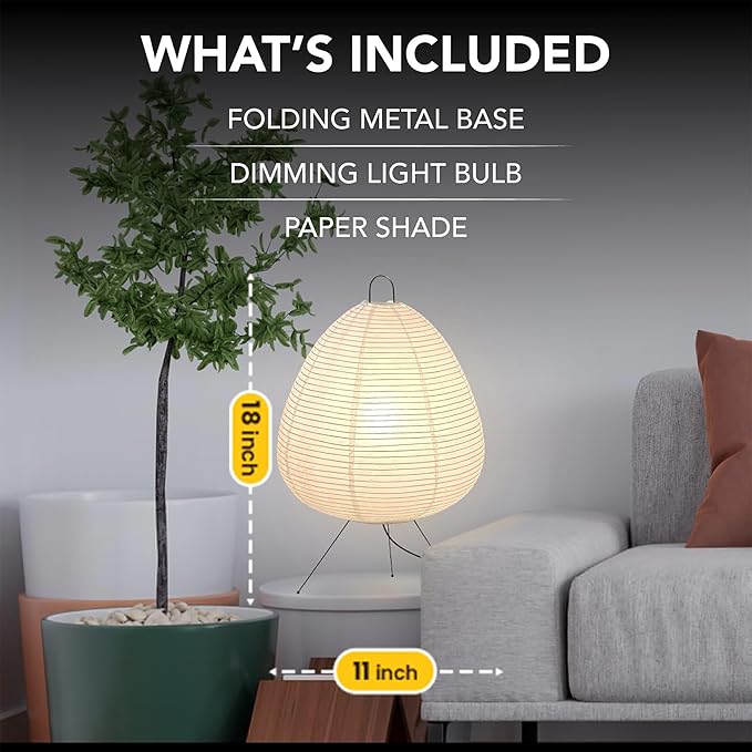 Noguchi Akari Rice Paper Lantern Lamp ??Dimmable Japanese Table Lamp with Washi Paper Shade, Bulb Included ??Japandi Bedside, Desk Light