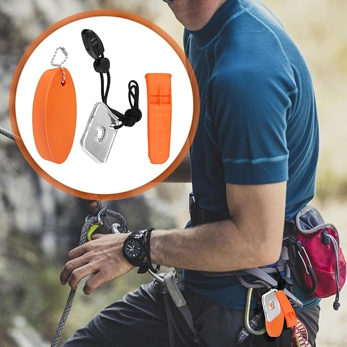 Outdoor Rescue Signal Mirror Floating Whistle Combo Survival Kit Flash Signaling Mirror Emergency Whistle Orange Float for Backpacking Camping Hiking Activities