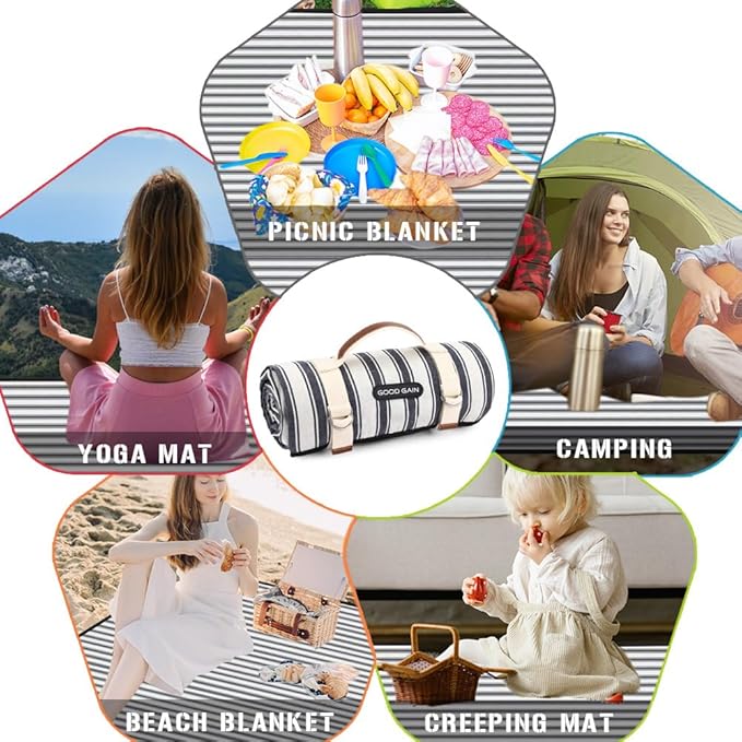G GOOD GAIN Waterproof Picnic Blanket Portable with Carry Strap for Beach Mat or Family Outdoor Camping Party (Berry Blue)