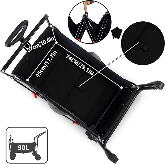 Folding Utility Wagon | Heavy-Duty Collapsible Cart with Brakes & Adjustable Handle | for Gardening, Beach Trips, Camping, Shopping & Outdoor Transport (Black/Grey)