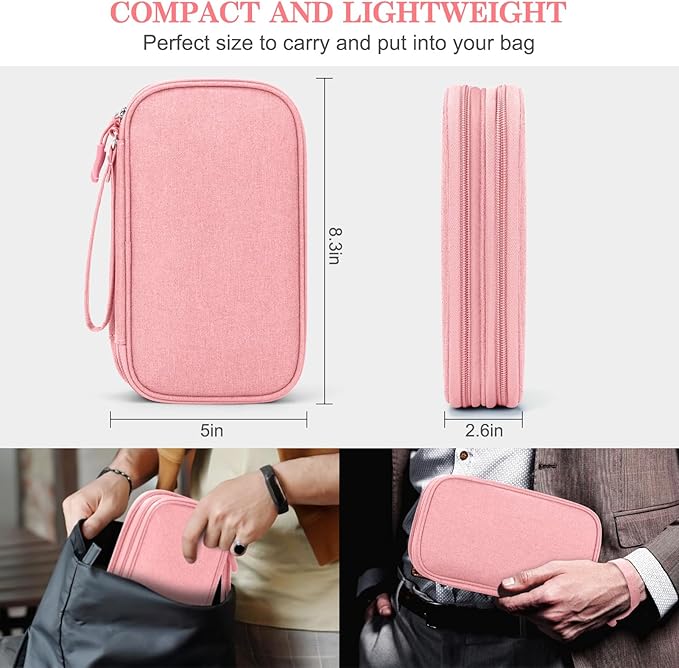 FYY Electronic Organizer, Electronic Accessories Carry Case Portable Waterproof Pouch Double Layers Storage Bag for Travel Cable, Cord, Charger, Phone, Earphone, Medium Size, Pink