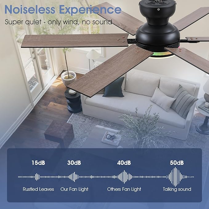 52" RGB Ceiling Fans with Lights and Remote/APP,Black Low Profile Ceiling Fans with Quiet Reversible DC Motor,Modern Flush Mount Fans Light for Bedroom Kids Room