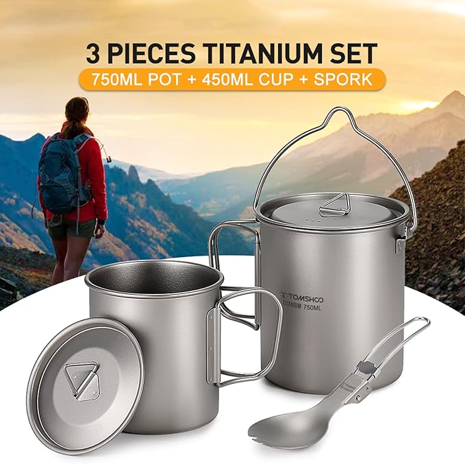 TOMSHOO Titanium Pot with Lid - Camping Mug with Foldable Handle for Hiking, Travelling, Backpacking