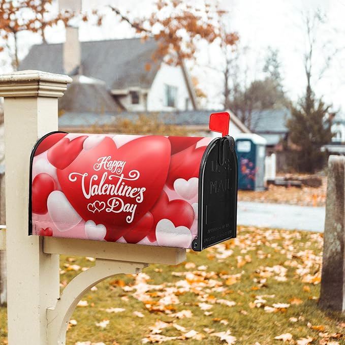 Happy Valentine's Day Magnetic Mailbox Cover - Red and Pink Love Heart Design - Standard Size 21x18 Inch for Home Outdoor Garden Decorations
