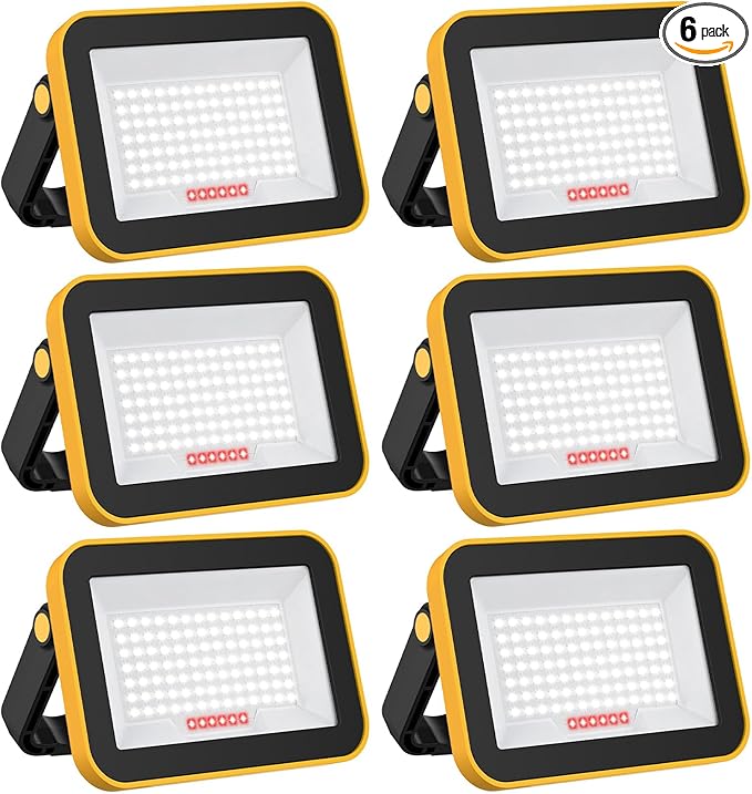 6 Pack Work Light Portable SMD LED Super Bright Rechargeable Flood Light Working Lamp Stand USB Cordless Battery Powered Worklight Tool for Outdoor Camping