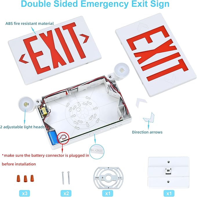 Gruenlich Exit Signs with Emergency Lights, 2 Adjustable LED Head with Battery Backup, 94V-0 Fire Resistant, AC 120/277V, Hardwired Commercial Emergency Light Combo for Business, 6 Pack