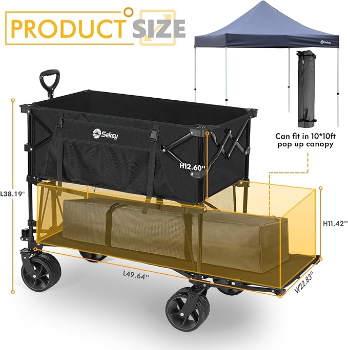 400L Large Capacity Folding Double Decker Wagon with Brakes, 50" Extra Long Extender Cart, 500lbs Heavy Duty Collapsible Wagons, All-Terrain Big Wheels for Camping, Sports, Shopping. Black