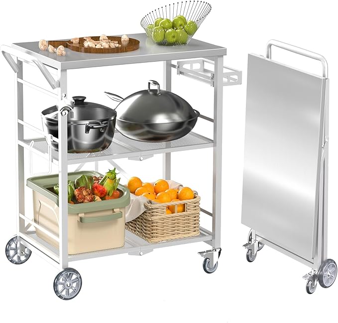 Folding Grill Cart, Metal Pizza Oven Stand Table with 2 Total Lock Casters,3 Shelf Foldable Kitchen Island Cart,Stainless Steel Outdoor Rolling Cart with Wheels for Home Party, Bar, Camping（White）