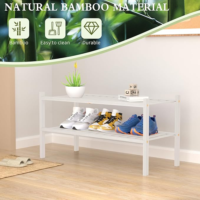 2 Tier Bamboo Shoe Rack for Closet Free Standing Wood Shoe Shelf for Entryway Small Space Stackable 27"x11"x13" (White)