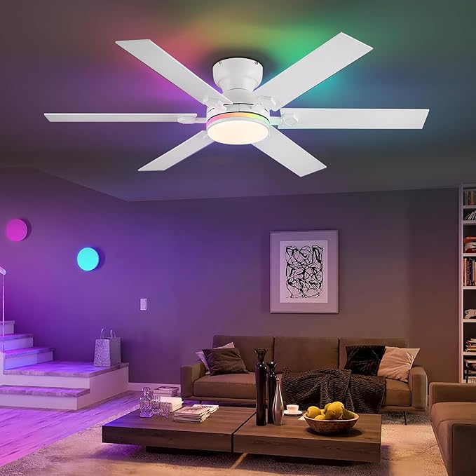 52" RGB Ceiling Fans with Lights and Remote,White Low Profile Ceiling Fans with Quiet Reversible DC Motor, Modern Flush Mount Fans Light for Kids Room Bedroom