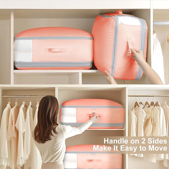 Comforter Storage Bag - Large Capacity Blanket Storage Bags 3-Layer Ultra Space Saving Self Compression Organizer, Washable Compression Bags for Storage Comforter Blanket, 2-Pack, Pink