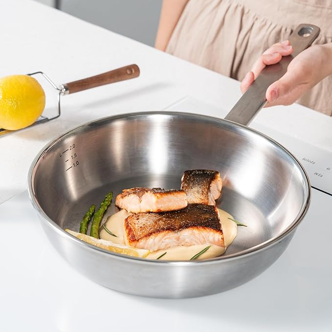 10.2-Inch 316 Stainless Steel Frying Pan, 5-Ply Saute pan, Deep Skillet, Induction Cookware, Dishwasher Safe & Oven Safe, Professional Cookware