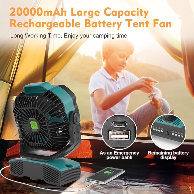 RUNTOP 20000mAh Camping Fan, Remote Control Oscillation Rechargeable Battery Operated Outdoor Tent Fan w/Hanging Hook, Stepless Speed Portable Fans Personal USB Desk Fan for Travel Beach Bedroom